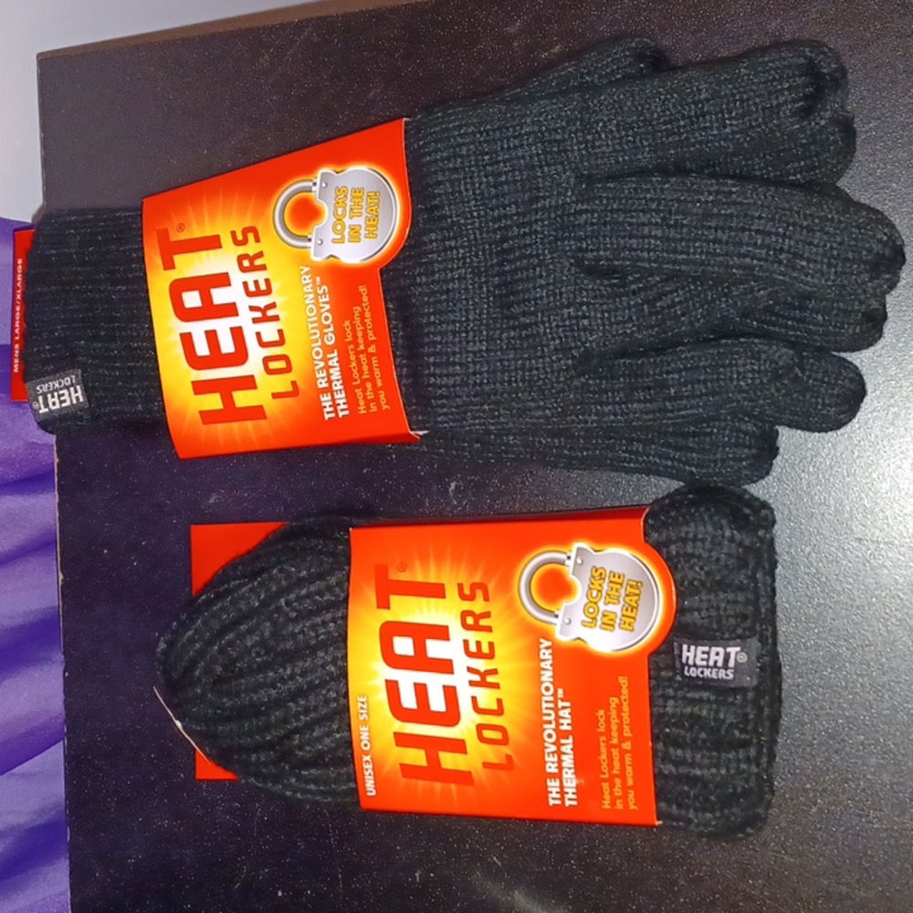 New Heat Lockers Men's One Size Black Hat & Large/XL Gloves